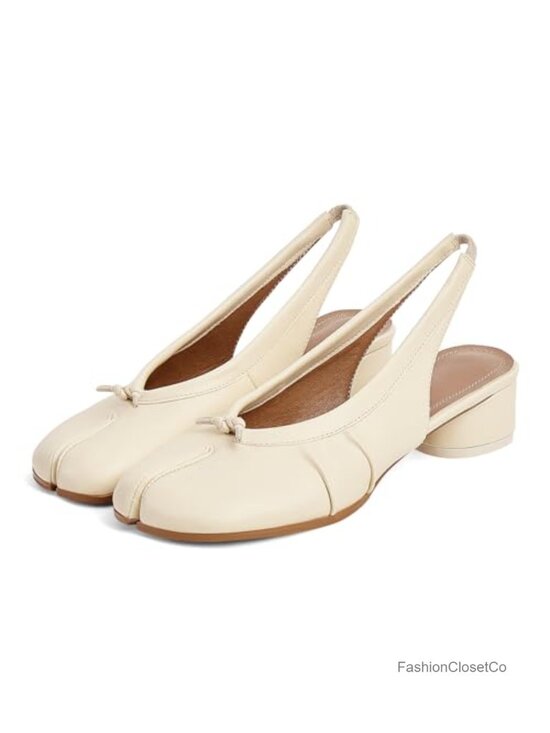 Shoes - Split Toe Slingback Pumps with Chunky Block Heel - Faux Leather Office Wedding
